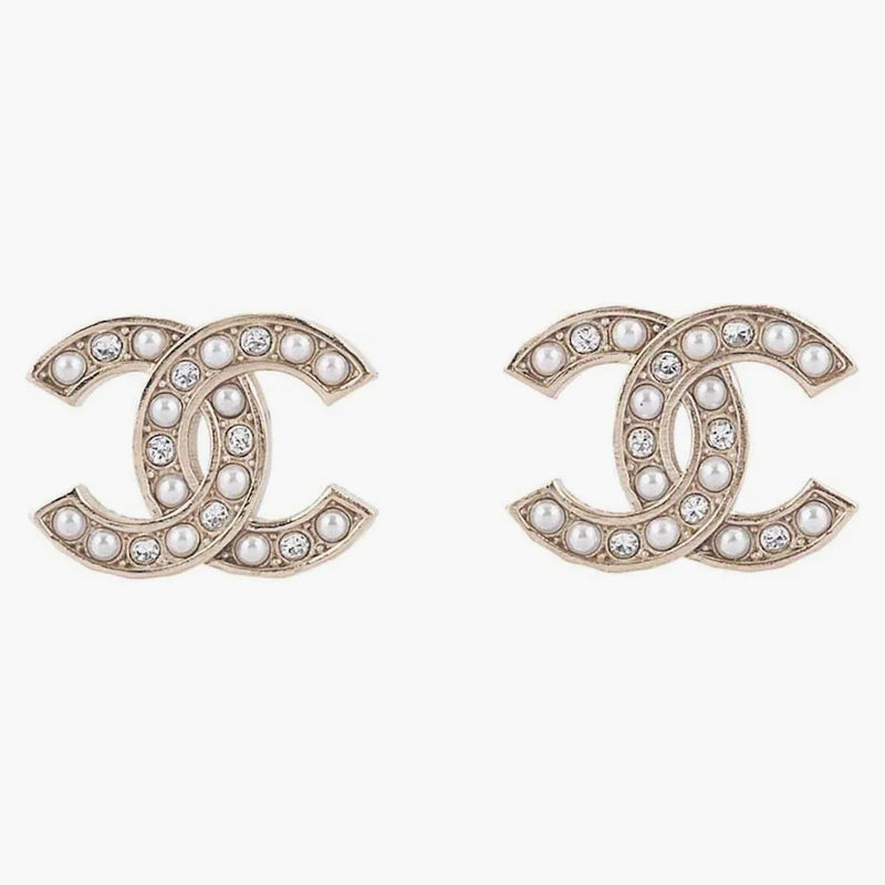 Chanel Crystal Pearl CC Logo Earrings Gold (Fig771)