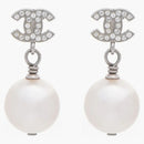 Chanel Cc Drop Earrings Crystal Pearl Silver