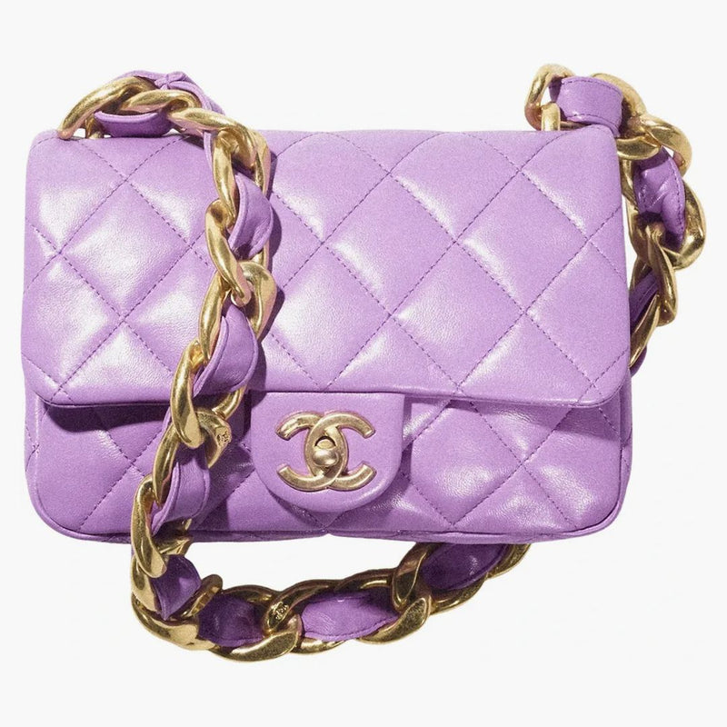 Borsa di lembo Chanel con cinghia a catena grossa Small agnello 22s Purple