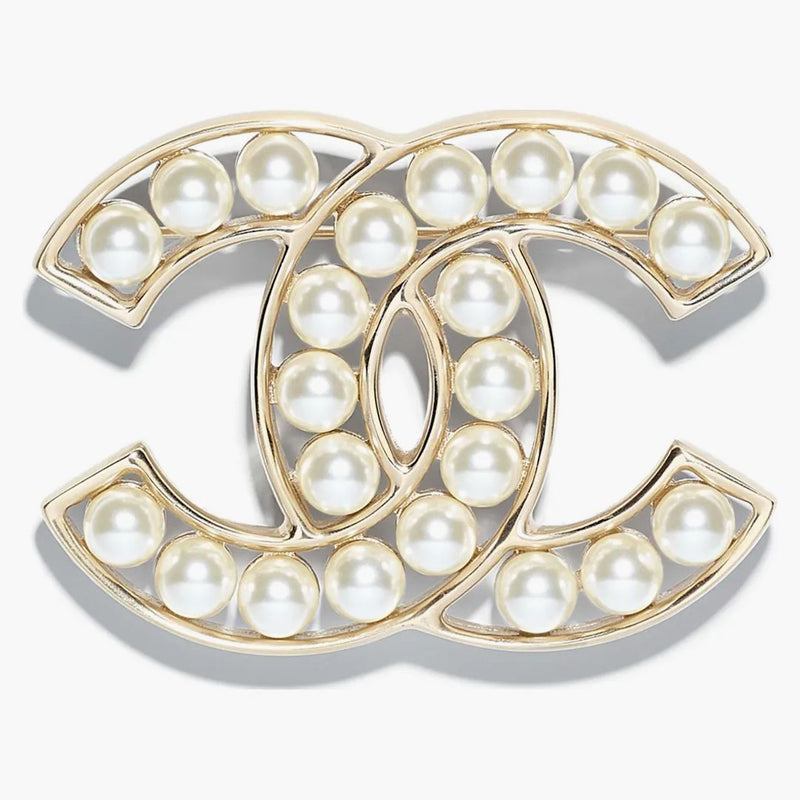 Chanel Glass Pearl CC Brosch Gold