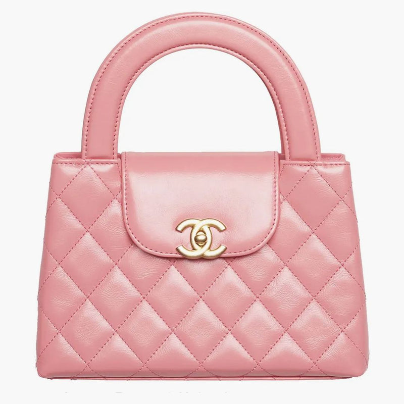 Chanel Kelly Mini Shopping Bag Mini 23K Shiny Agged Calfskin Coral Pink
