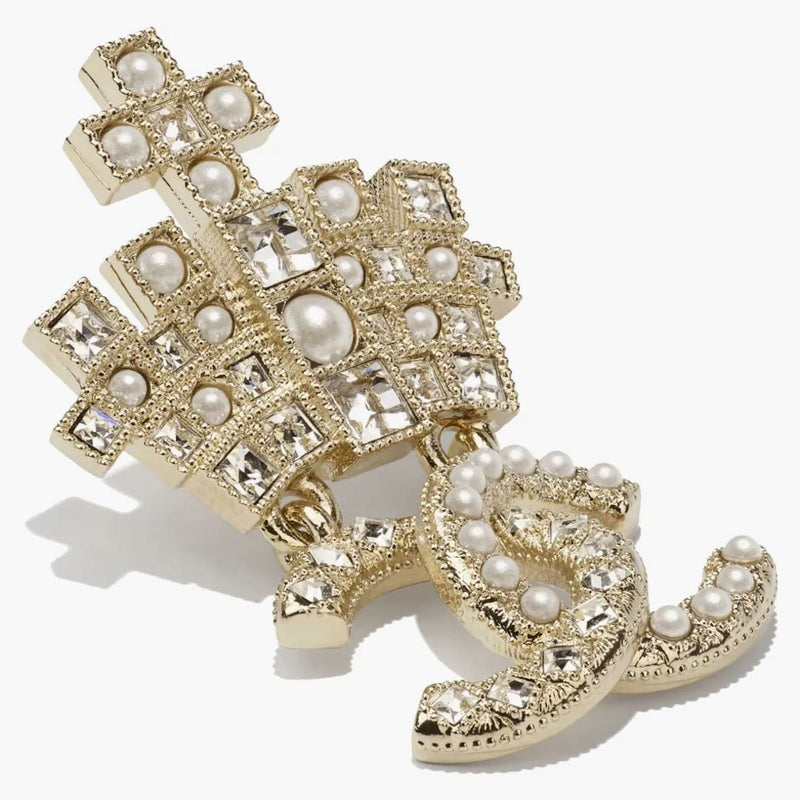 Chanel Logo broszka złota/perła/kryształ