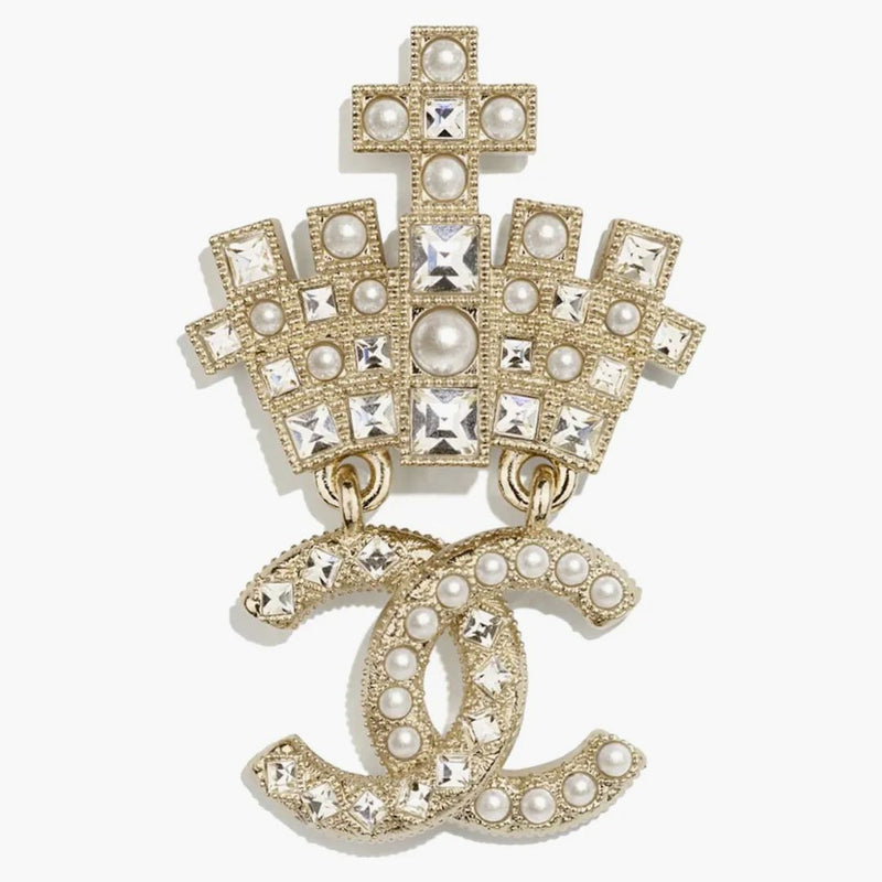 Chanel Logo broszka złota/perła/kryształ