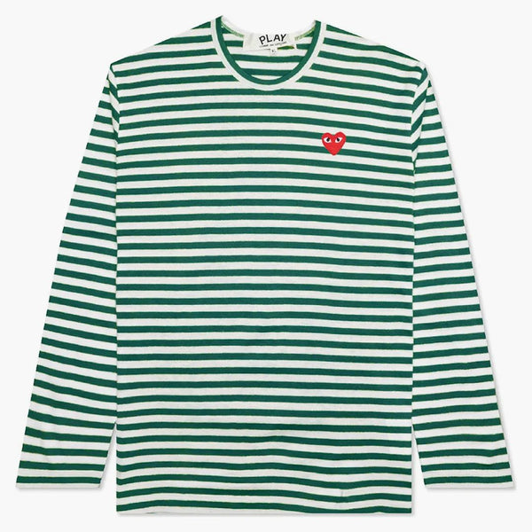 Comme of the Garcons spelar Big Red Heart Striped L/S T-shirt grönt/vitt