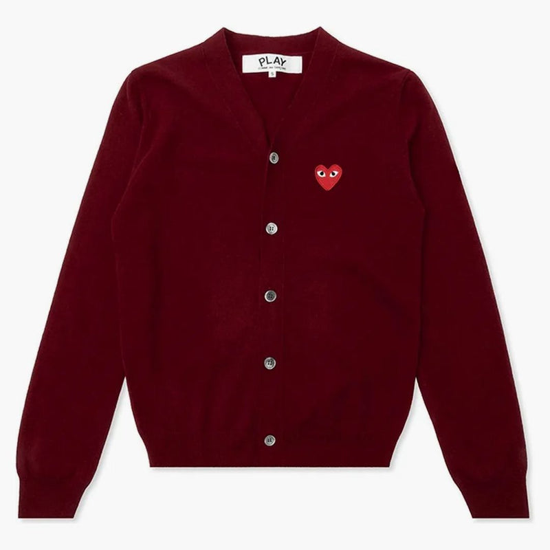 Comme of the Garcons Play Red Heart Knit Cardigan Sweater Burgundy