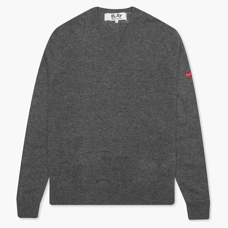 Comme Des Garcons Play Small Heart On Sleeve V Neck Sweater Grey