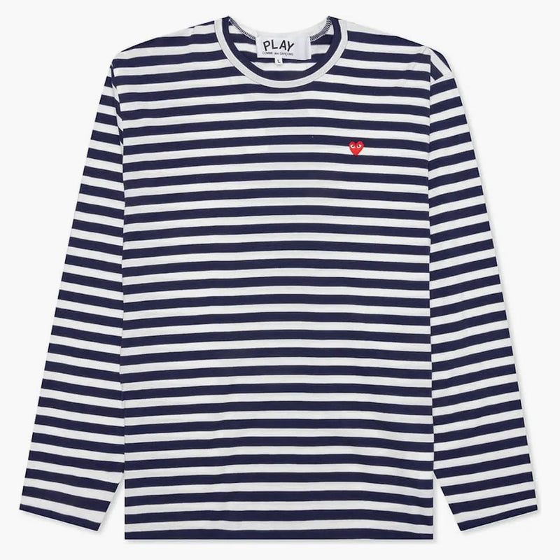 Comme of the Garcons Play Small Red Heart Striped L/S T-shirt Navy/White