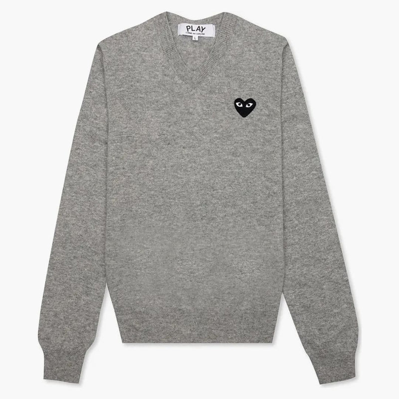 Comme of the Garcons Play Women's Black Heart V Neck Sweater Gray