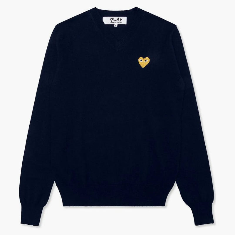Comme of the Garcons Play Women's Gold Heart V Neck Sweater Navy