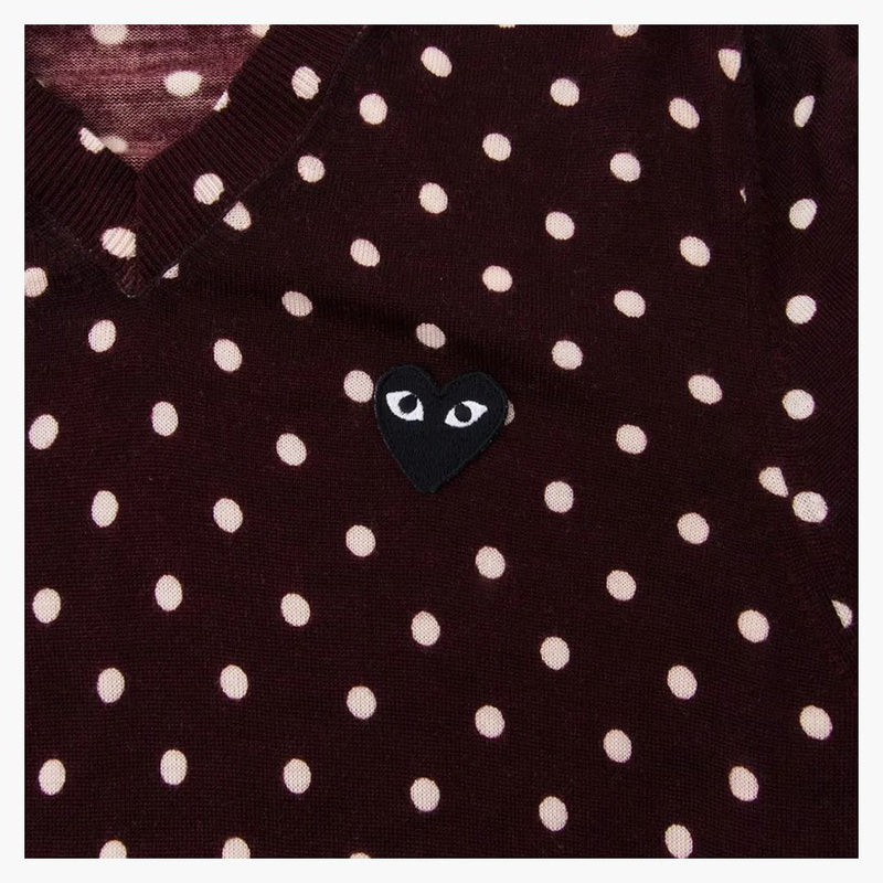 Comme Des Garcons Play Women's Polka Dot V Neck Sweater Burgundy