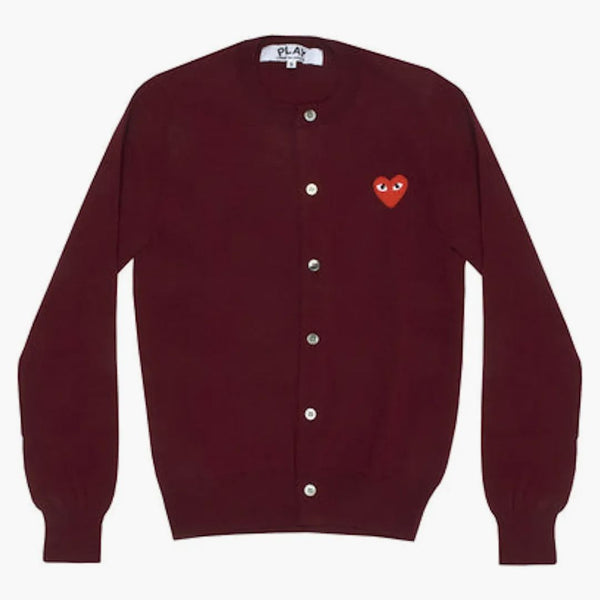 Comme Des Garcons Play Women's Red Heart Knit Cardigan Sweater Burgundy