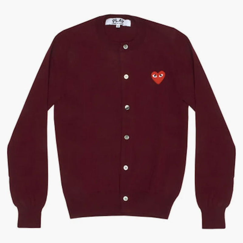 Comme of the Garcons grają w Burgundy Kargundy Red Heart Red Heart Cardigan Swetan