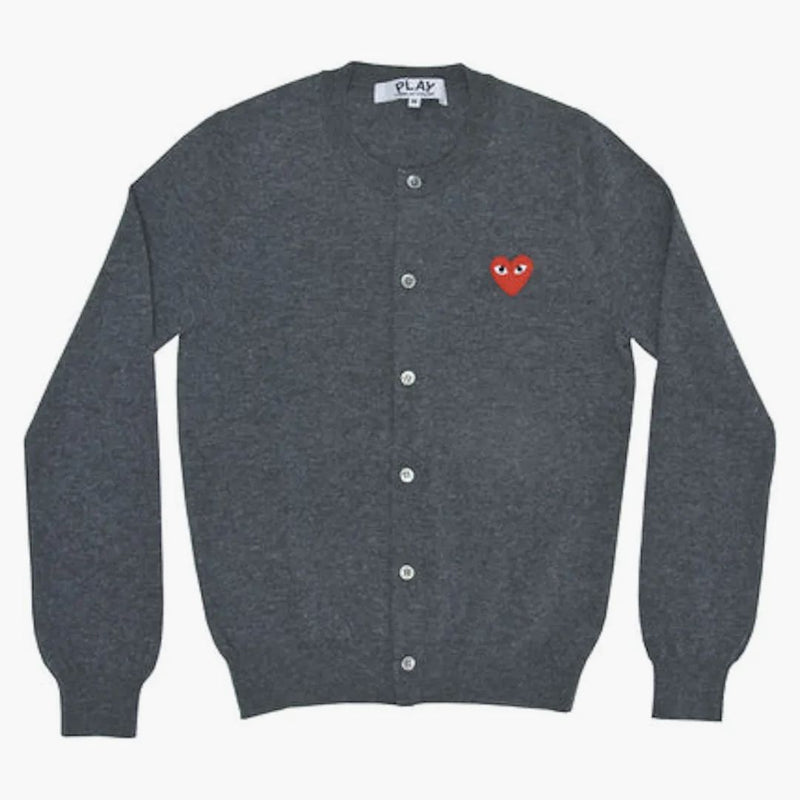 Comme of the Garcons Play Women's Red Heart Knit Cardigan Sweater Grey