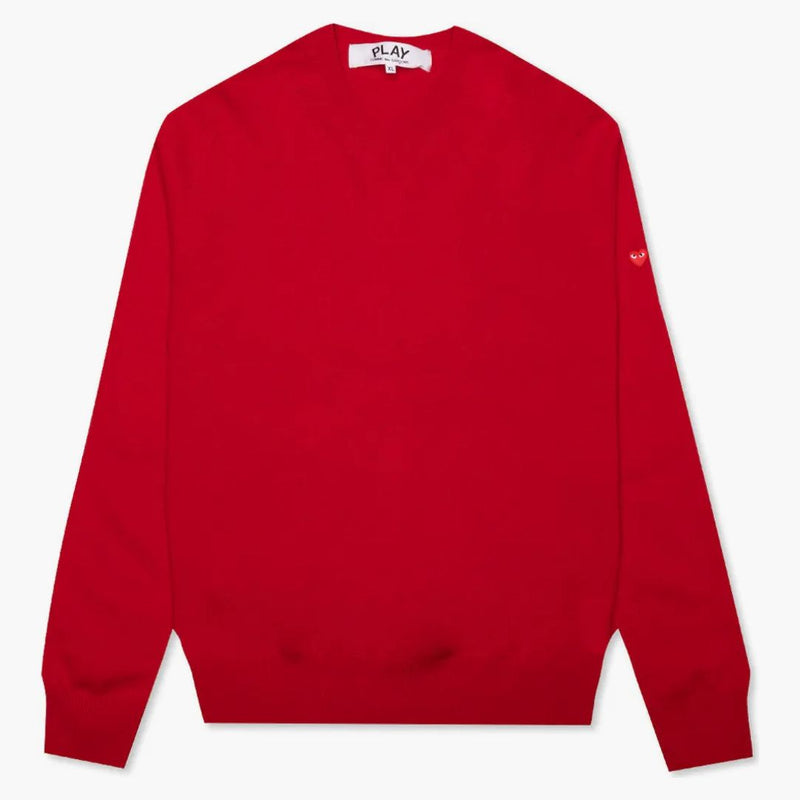 Comme of the Garcons Play Women's Small Heart on Sleeve V Neck Sweater Red