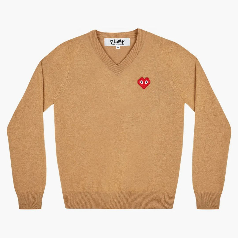Comme of the Garcons Play X Invader Women's V Neck Sweater Camel