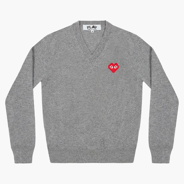 Comme Des Garcons Play X Invader Women's V Neck Sweater Top Grey