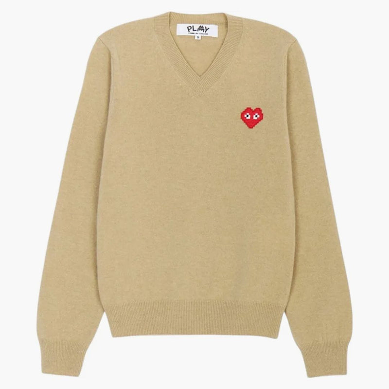 Comme Des Garcons X Invader Pixelwappen V Neck Pullover Knitwear Camel