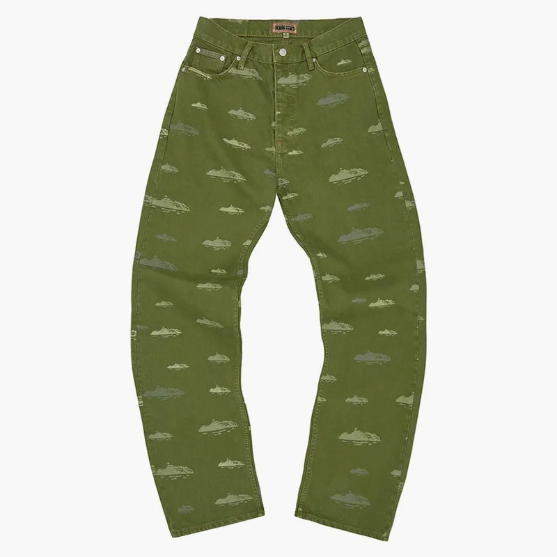Corteiz alcatraz mönster denim jeans khaki