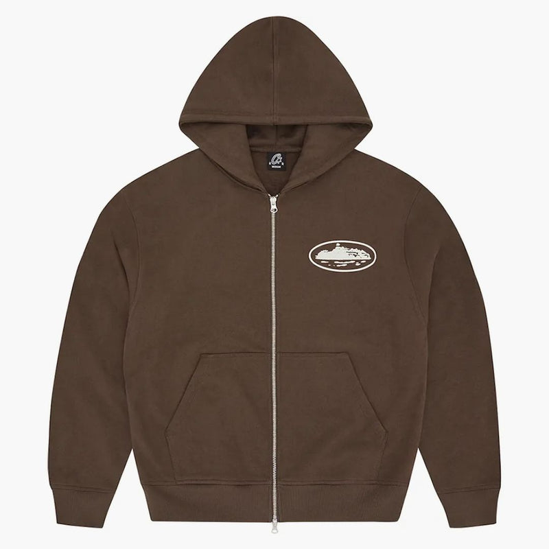 Corteiz Island Puff Print Zip Hoodie Brown