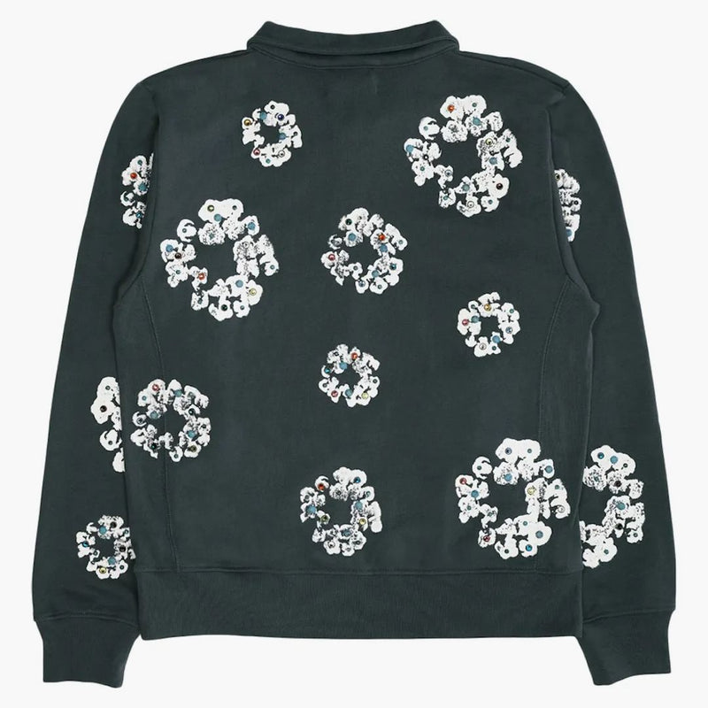 Denim tårar strass krans halv zip tröja svart