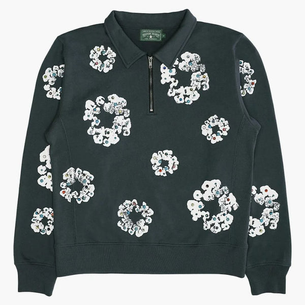 Denim tårar strass krans halv zip tröja svart