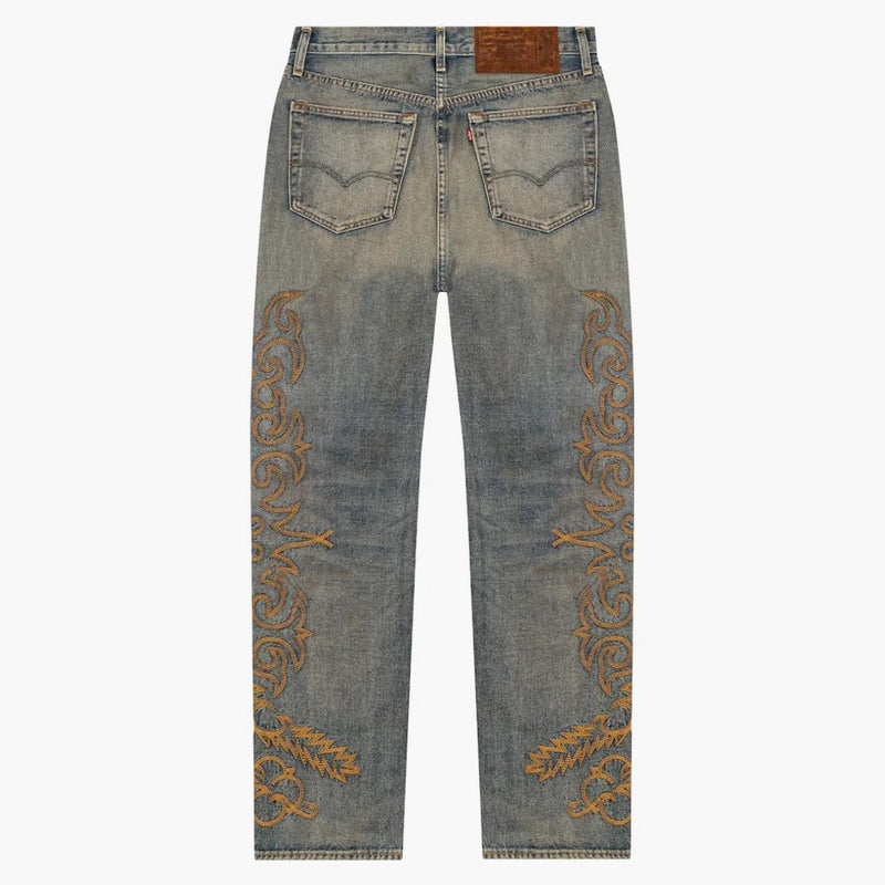 Denim tårar västra bomullsstygn 501 jeans selvedge denim