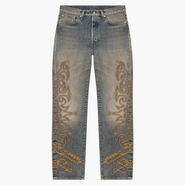 Denim tårar västra bomullsstygn 501 jeans selvedge denim