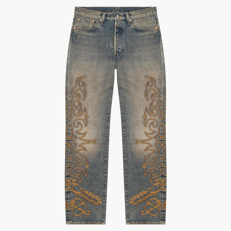 Denim tårar västra bomullsstygn 501 jeans selvedge denim