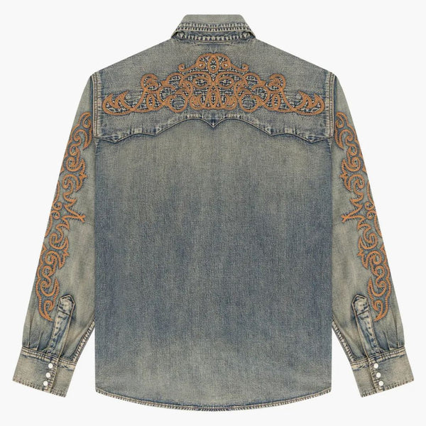 Denim tårar västra bomullsstygn denim skjorta selvedge denim
