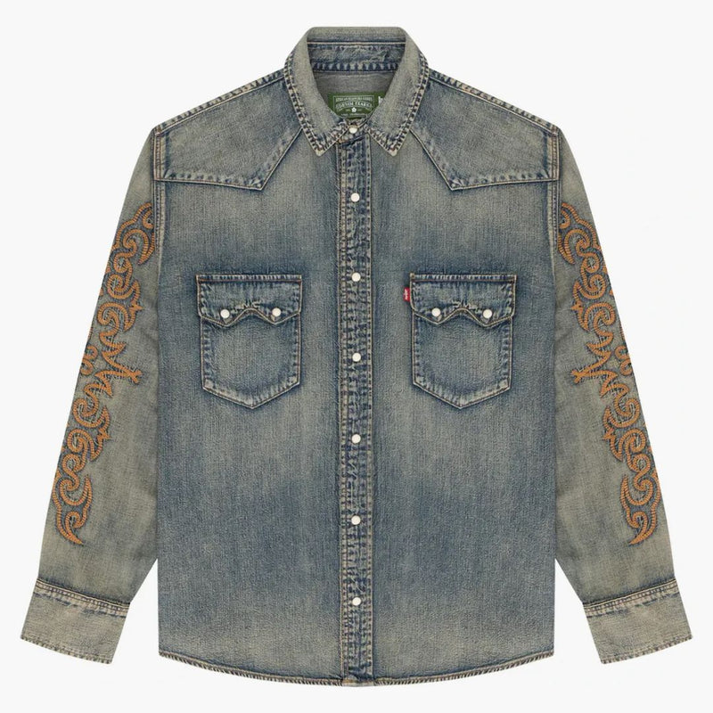 Denim tårar västra bomullsstygn denim skjorta selvedge denim