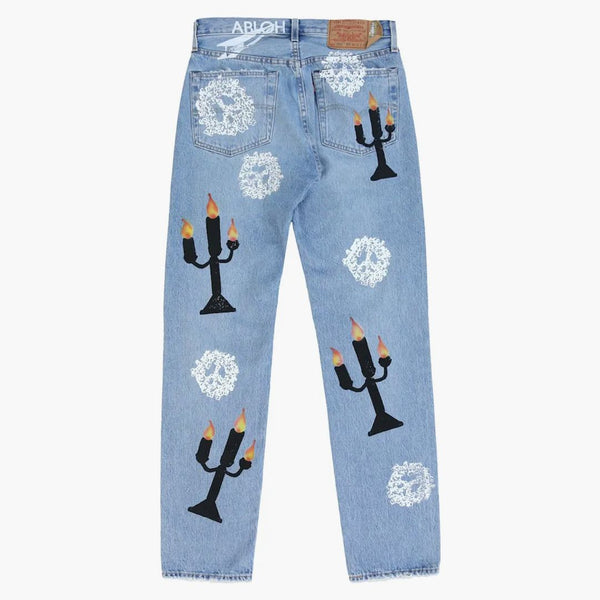 Denim tårar x virgil abloh "meddelande i en tår" tryckt jeans blå