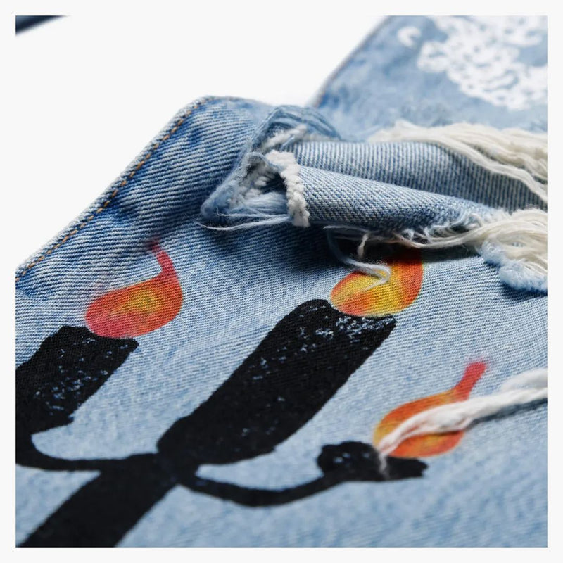 Denim tårar x virgil abloh "meddelande i en tår" tryckt jeans blå