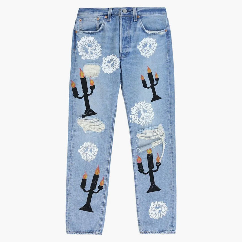 Denim tårar x virgil abloh "meddelande i en tår" tryckt jeans blå