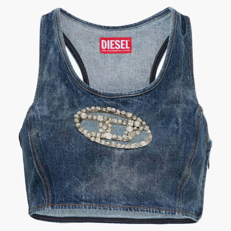 Diesel denim kristalllogotyp beskuren toppblå