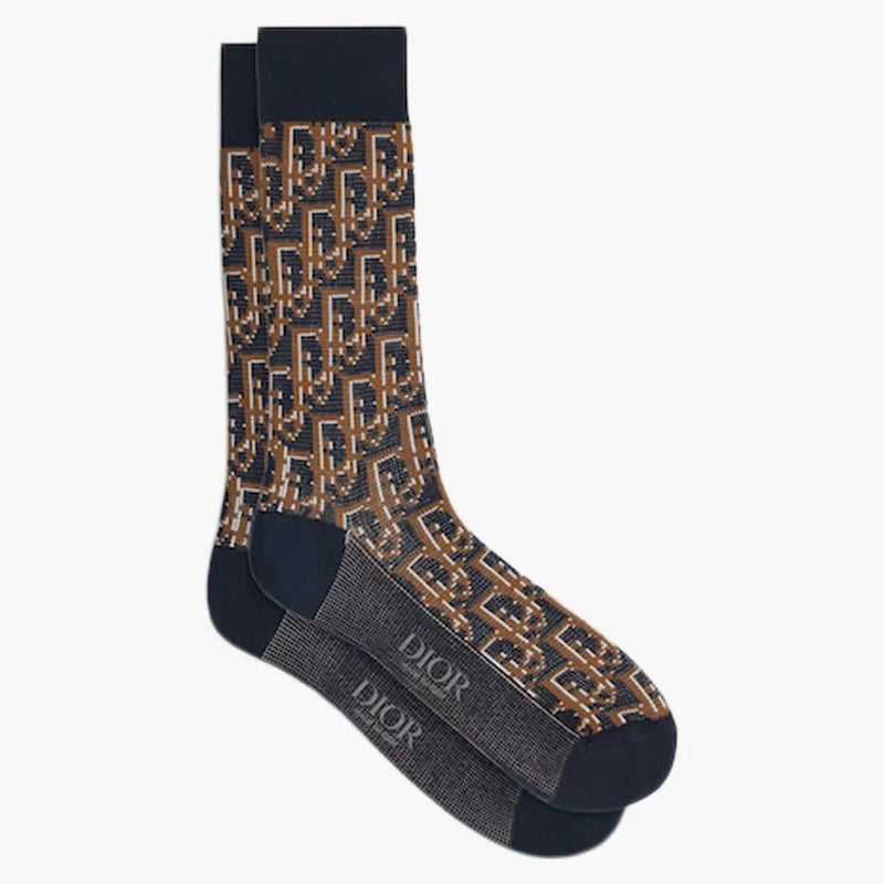 Dior Oblique Socks Navy Blue/Brown/Beige Jacquard