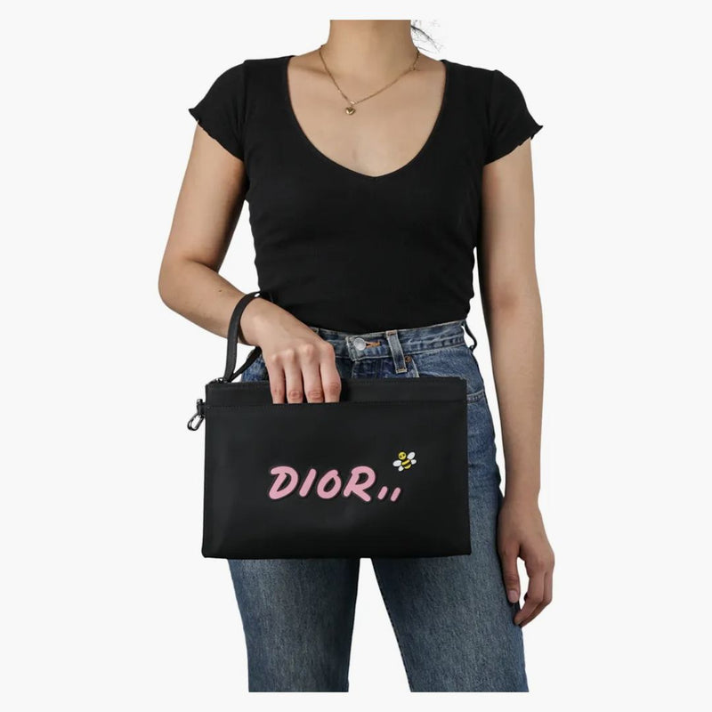 Dior X Kaws Pouch Pink Logo Nylon Black