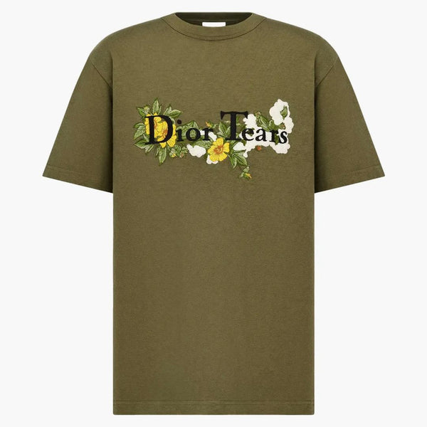 Dior x denim tårar avslappnad fit t-shirt khaki