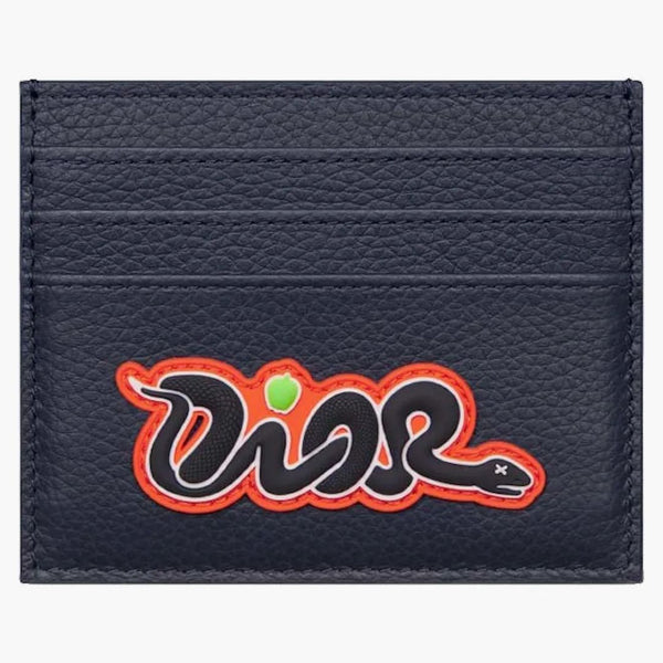 Dior X Kaws Card Holder Navy Blue Grained Calfskin