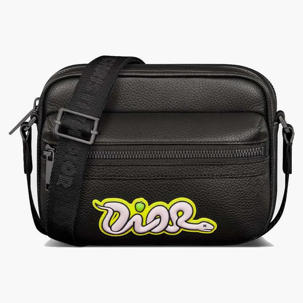 Dior X Kaws Mini Rider 2.0 Dragkedja Messenger Bag Black Grained Calfskin