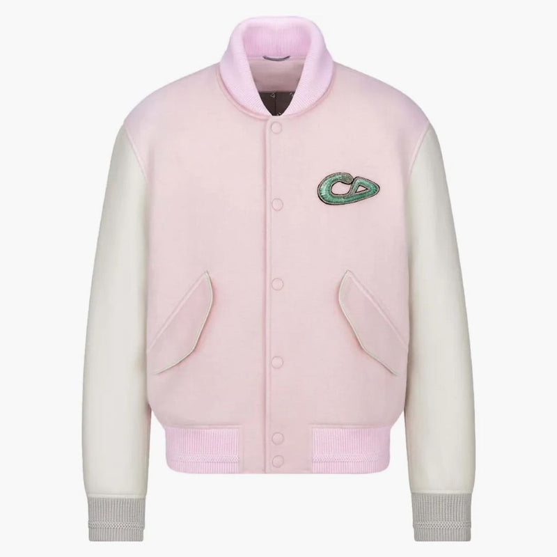 Dior X Kaws Varsity Jacket Pink Virgin Wool and Cashmere with beige cowhide Leather