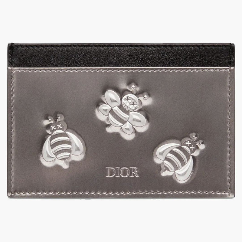 Dior x kaws držák karty Calfskin Bee Print Silver Black