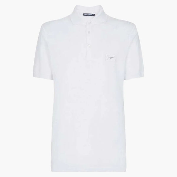 Dolce & Gabbana Cotton Pique Brand Plate Polo Shirt Bianco