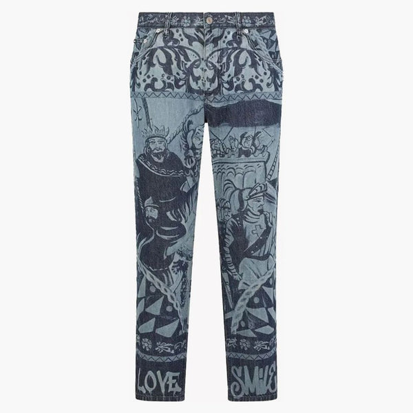 Dolce & Gabbana Loose Carretto Patchwork Print Jeans Blue
