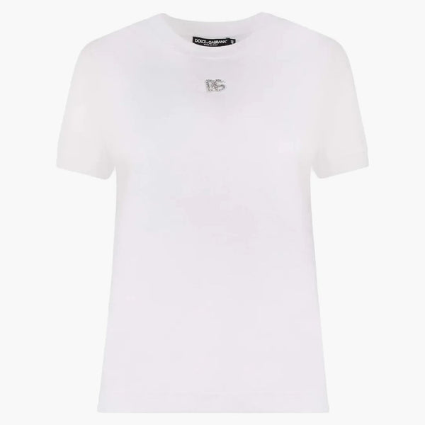 Dolce & Gabbana Woman Cotton Rhinestones Logo Detail T-Shirt White