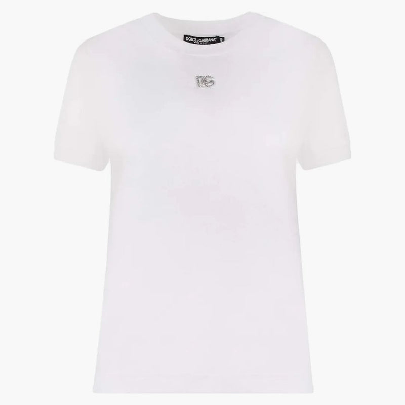 Dolce & Gabbana Woman Cotton Rhinestones Logo Detail T-Shirt White