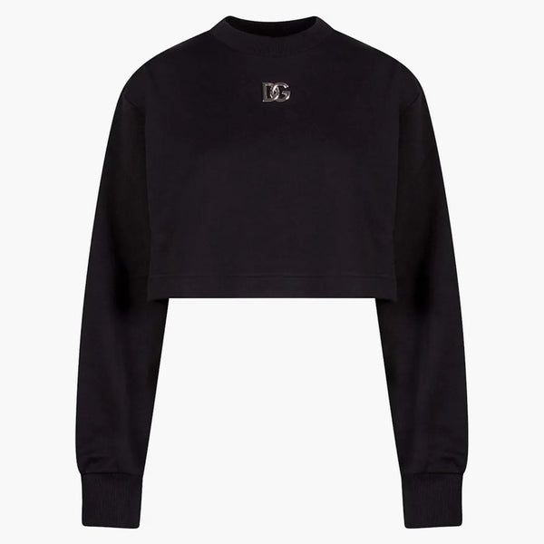 Dolce & Gabbana Woman Crop Fit Cotton DG Patch Sweatshirt Black