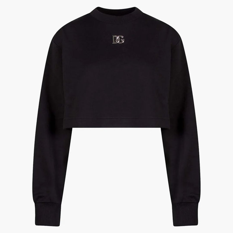 Dolce & Gabbana Woman Crop Fit Cotton DG Patch Sweinshirt Negro