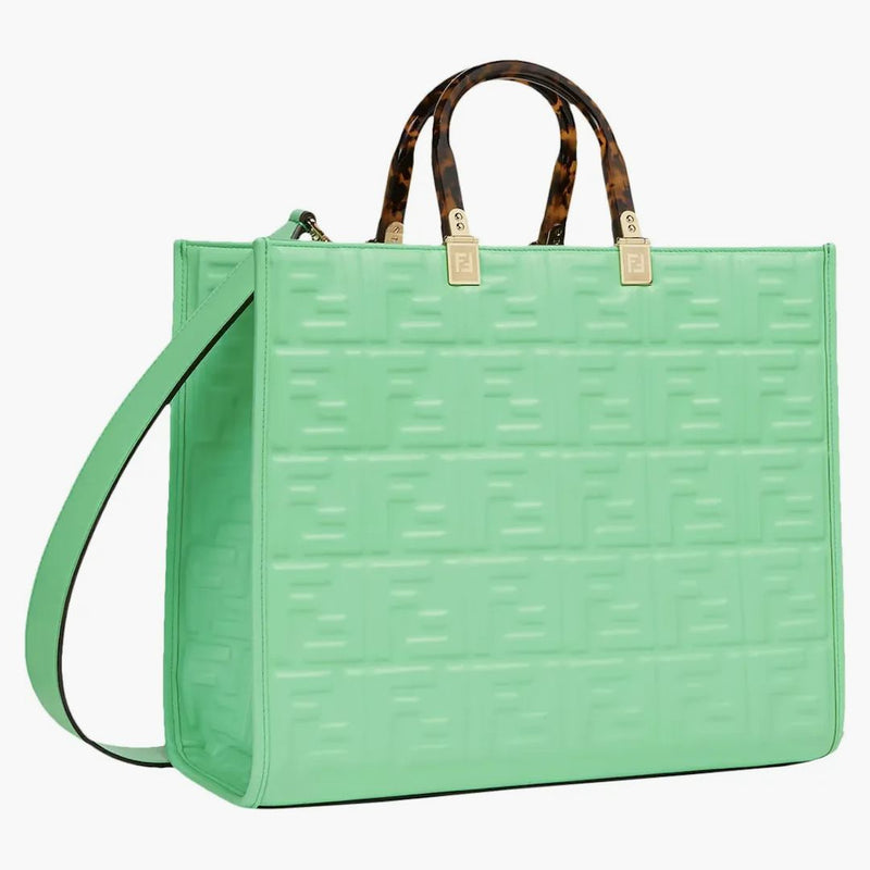 Fendi Sunshine Medium Green Leather Shopper med FF Motif Green