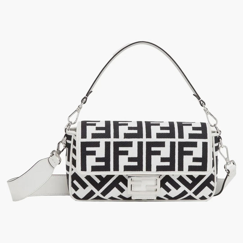 Fendi av Marc Jacobs baguette vit och svart dukväska med FF -broderi