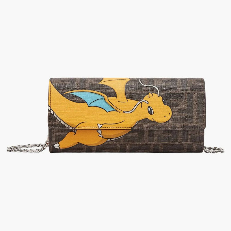 Fendi x frgmt x pokemon ff tkanina peněženka kontinentální s řetězem hnědou